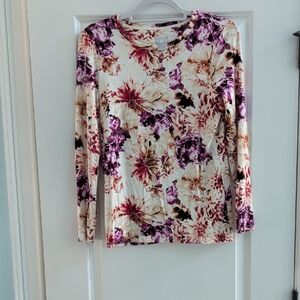 Chico's Cream Floral Long-Sleeve Crewneck with Purple & Tan Blooms
